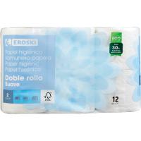 Papel higiénico suave doble rollo EROSKI, paquete 12 rollos