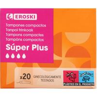 Tampón super+ plus con aplicador compacto EROSKI, caja 20 uds