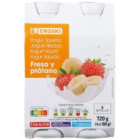 Yogur líquido sabor fresa-plátano EROSKI, pack 4x180 g