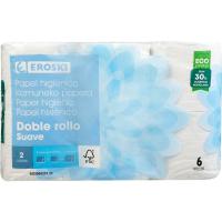 Papel higiénico suave doble rollo EROSKI, paquete 6 rollos