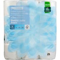 Papel higiénico suave doble rollo EROSKI, paquete 24 rollos